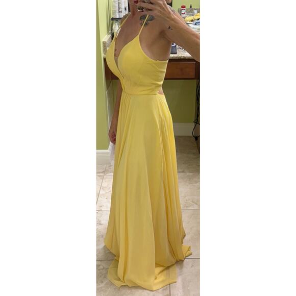 Abby Paris formal Gown 8 Butter Cup yellow Illusion plunging open back NWT $338 - Picture 4 of 15